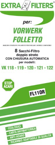 EXTRAFILTERS: Confezione da 8 Sacchi-filtro doppio strato con chiusura automatica, compatibili con Vorwerk Folletto VK 118-122, in Carta, Anti-allergeni