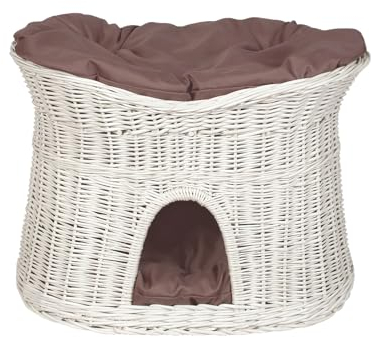 Damian-Wiklina Katzenkorb zum Schlafen – Katzenhütte Indoor – Größe XL: 70 cm oval – Katzenhöhle aus Weide – Zweistöckiger Hunde – oder Katzenbett mit waschbaren Kissen in Brown – Weiße korbfarbe