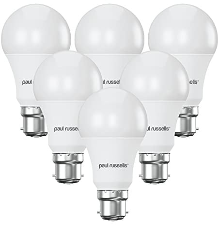 paul russells LED GLS Lights Bayonet Cap BC, 75w Equivalent, 9.5watt 1055LM LED Bulbs, 4000K Cool White, Classic Frosted A60 Standard B22 Energy Saving (Not Dimmable) Large Globe Lamps, 6 Pack