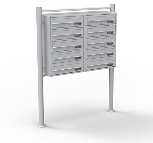 Wiltec 10er Briefkastenanlage silberfarben 270 x 898 x 1500 mm, Standbriefkasten mit 2x5 Fächern, Schlüssel und Namensschild, Briefkasten Postkasten mit Ständer