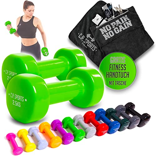 C.P.Sports Gymnastikhanteln + Fitness Handtuch mit Tasche | 2er Set - Kurzhanteln Gewichte | Hanteln/Dumbbells Damen/Herren | Hantelset für Sport, Fitness, Gymnastik, Kraftraining | 2X 2,5KG