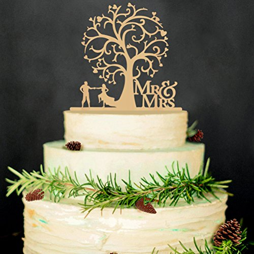 Amosfun Cake Topper Wooden Bird Tree Wedding Cake Decorations Mr Mrs Wedding Valentine's Day Decoration (Wood Colour)
