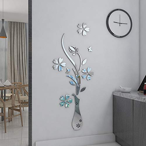 DIY Spiegel Blumenvase 3D Kristall Acryl Schmetterling Aufkleber Blumenvase Spiegel Wandaufkleber für Eingangsbereich Wohnzimmer Möbel Wanddeko (Silber, 31 cm (B) x 80 cm H)