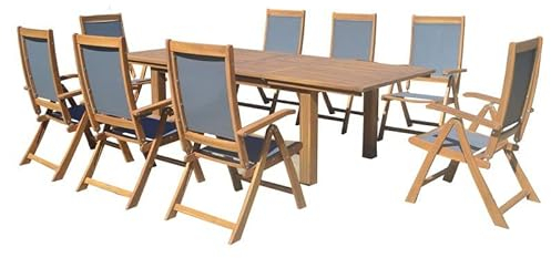 OUTFLEXX Esstischgarnitur, Natur/grau, Akazie/Textilene, Tisch 180/220/260x100cm, 8 Klappstühle, ausziehbar