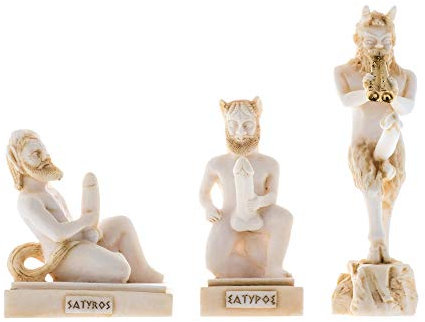 BeautifulGreekStatues Set Von 3 Satyr Pan Griechische Römische Mythologie Penis Statue Handgemachte Alabaster Gold Tone Nackte Männliche Figur