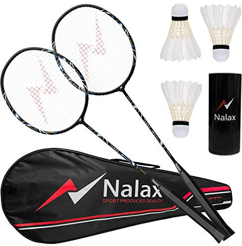 Nalax Badminton-Set, 2-Spieler-Badmintonschläger aus Kohlefaser, Badmintonschläger mit 3 Federbällen und 1 Tragetasche, Badminton-Hinterhof-Spiele für Outdoor, Garten, Strand, Familienspaß-Spiel