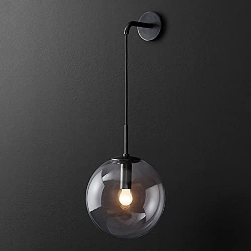 Applique Murale Boule de Verre Gris Fumé, Led Applique Moderne Finition En Laiton Vintage, E14 Lampe Murale Led À Longueur Réglable Pour Vanité De Salle De Bain De Chambre À Coucher,Noir,20cm