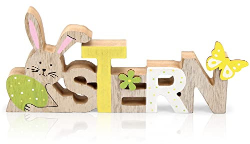 Meleager Ostern Schriftzug Aufsteller, Ostern Schriftzug Holz, Schriftzug Ostern Holz, Osterdeko Schriftzug Hinstellen mit Osterhasen Schmetterling, 1 Stück Osterdekoration Holz Aufsteller