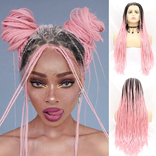 Rosa Zöpfe Lace Front Perücke Kunsthaar Realistisch Lang Ombre Pfirsichrosa Geflochtene Perücken für Schwarze Frauen Hitzebeständige Faserhaare Cosplay Party Zöpfe Perücken