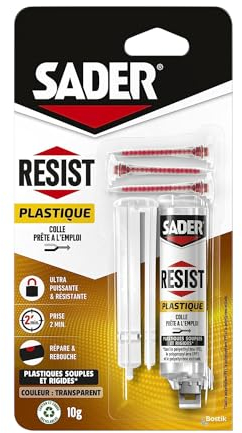 Sader Resist Plastique – Colle Bi-Composants Plastique – Colle de Réparation Plastique – Intérieur/Extérieur – Couleur : Translucide – 1 Seringue de 10 g (+ 3 embouts mélangeurs)