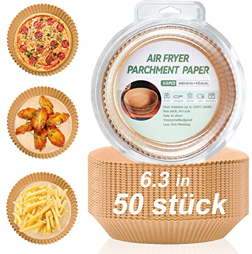 Papel de horno para freidora de aire caliente 6.3 en papel de horno Airfryer antiadherente desechable resistente al agua, papel pergamino para freidora de aire caliente, microondas, 50 unidades