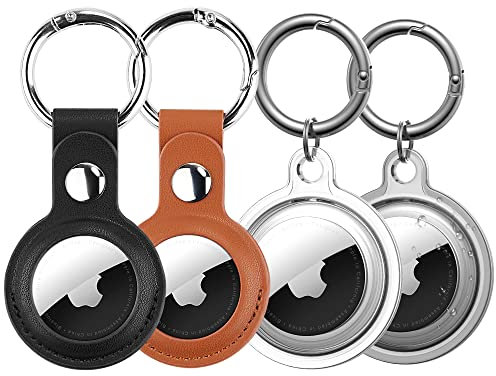 Wasserdichter Airtag-Halter, DDJ 4 Pack Airtag-Schlüsselanhänger, AirTag-Hülle für Hundehalsband, Gepäck, Schlüssel, Ganzkörper-Anti-Kratz-Schutz (PU-Leder: schwarz/braun, transparent: weiß/schwarz)