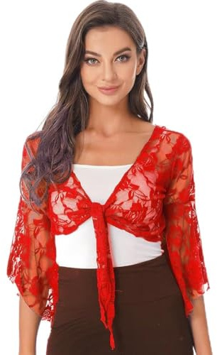 Leemiman Costume da danza del ventre da donna, in pizzo, a maniche lunghe, motivo floreale, Rosso, 16-18