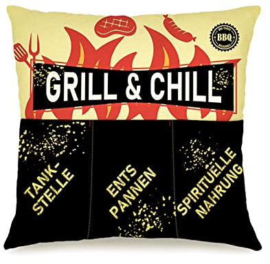 JOTOM Dekokissen Kissenbezug mit 3 Taschen zum selber Befüllen 45x45 cm Kissenhülle tolles Geschenk (Grill Chill)