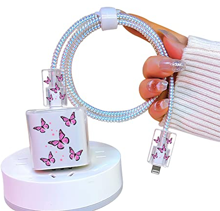 Niedliches Musterdesign von Kabelschutz Garnitur für iPhone Ladegerät, Schönes Schmetterlinge für Mädchen Frauen, Datenleitung Draht Bisse Saver USB Ladekabelschutz Kabel Ladegerät Schutzkabel