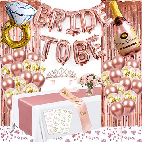 Bride to Be Deko JGA Deko Frauen Junggesellenabschied Frauen Roségold Luftballon Konfetti Folienballon Banner Schärpe Girlande Krone Tischdecke Aufkleber JGA Accessoires Bachelorette Party Decoration