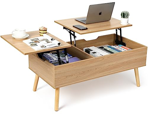 VOWNER Couchtisch, Couchtisch Höhenverstellbar, Auszug, Versenkbarer Wohnzimmertisch, Separates Verstecktes Ablagefach, Doppelte Hubplatte, Sofatisch Beistelltisch, Holzfarbe