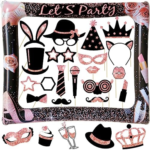 JGA Foto Accessoires 25 STK. Fotorequisiten aufblasbare Fotorahmen Rose Gold Junggesellinnenabschied Geburtstag Party Deko