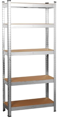 SIGNZWORLD Schwerlastregal 180x90x40cm Befestigungsmaterial 875kg 5 MDF-Platten Kellerregal Lagerregal Steckregal Metallregal Werkstattregal Regalsystem Silber
