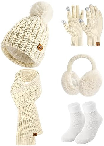 Niwicee 5 Stück Damen Winter Ski Ausflug Set Warmes Verdicktes Fleece Gestrickter Hut Touchscreen Handschuhe Langer Schal Ohrenschützer Winterzubehör GeschenkeOutdoor Winter Strickset-Beige-
