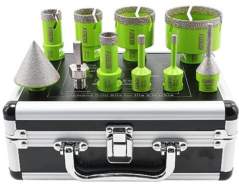 FACHLICH Fresa Diamantata 6/8/20/25/35/50/68MM Punte Trapano Diamantate 10 Pezzi con Alluminio Scatola e 6-25mm and 50mm Fresa e Adattatore per Porcellana Piastrella Granito Marmo Taglio a Secco