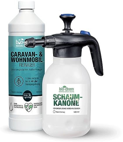 bio-chem Caravan- und Wohnmobil-Reiniger - Extra Starkes Konzentrat - 1000 ml + Schaumsprüher - Reiniger für Wohnmobile, Wohnwagen, Vorzelte, Regenstreifenentferner - Made in DE