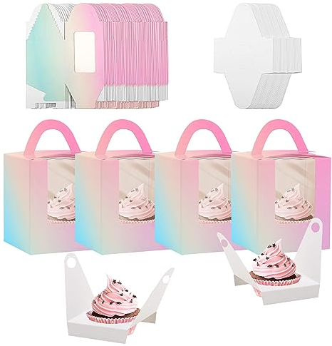 Single Cupcake Boxes, 30 Pcs Individual Paper Bakery Boxes With Window for Bridal Showers, Weddings, Birthday Parties - 9.5 x 11 cm Gradient Blue Pink