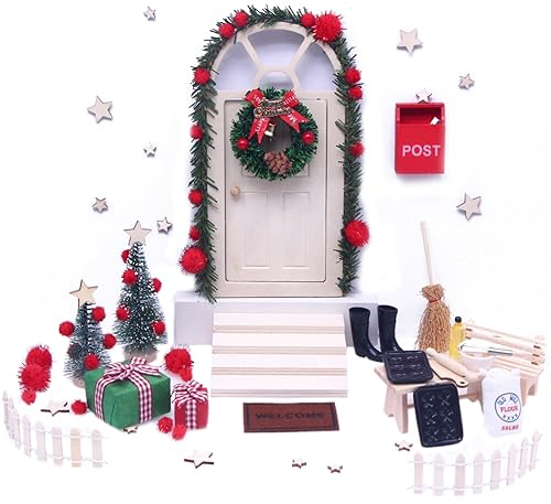 Wichtel Zubehör,Wichieltür Set Weihnachten, Wichteltür Komplettset, Weihnachts Elf Tür Set 27pcs hölzerne Feen Tür Weihnachtsknnom Tür mit Miniaturbriefboxen Zaunstiefel Kranz Weihnachts dekorationen