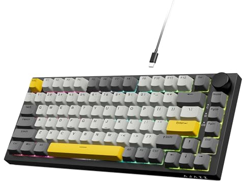 AJAZZ AK820 Wired Mechanical Keyboard,Full-key Hot-Swappable Gasket Mount Gaming keyboard White Light 75% Layout 81 Keys with CNC Knob,PBT Keycaps,Poron Foam-Grey White Yellow