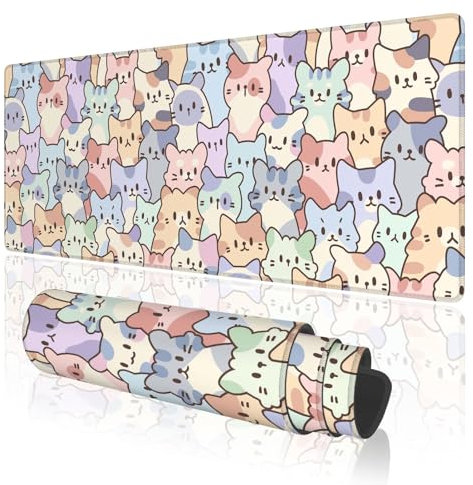TOXXU Colorful Cute Cats Large Cartoon Gaming Mouse Pad with Anti-Slip Base, Kawaii Cat Extended XL Mousepad for Girl, Desk Mat with Stitched Edges for Desk, 31.5 x 11.8 in, Colorful