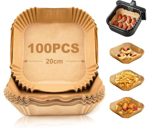 Logei Backpapier für Heißluftfritteuse, 100 Stück 20 cm Quadrat Backpapier Antihaft Wasserdicht Ölfest Einweg Luftfritteuse Pergamentpapier Liner für Heißluftfritteuse Bratpfanne Ofen Mikrowelle