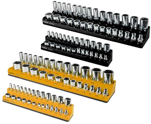 KosyBliyup 4PCS Magnetic Socket Organizer for Tool Box Drawer, Socket Holder Includes 1/4, 3/8 Drive Metric & SAE Socket Trays, Holds 108 Standard Size and Deep Size Sockets