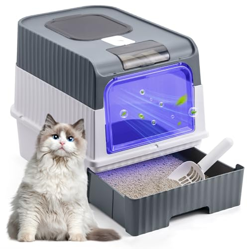 The Fellie Cat Litter Box Litter Tray, Large Cat Litter Tray with UV Sterilization, Odor Control, Hooded Cat Litter Tray with Drawer Pan and Scoop, Easy Clean Foldable Kitten Litter Tray, Grey