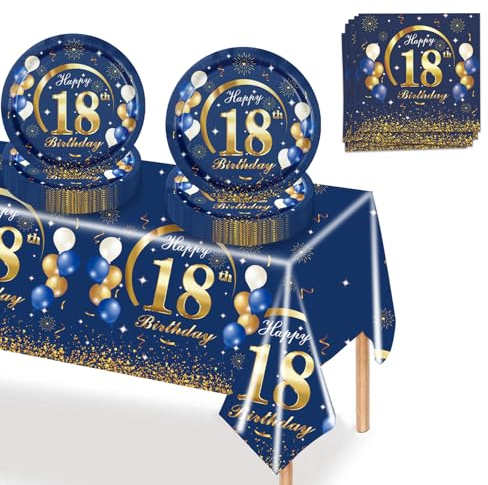 MORAINJAY 37Pcs Birthday Tableware Set for 18,Navy Blue Gold Tableware Set for 18th Birthday Party with Plates,Napkins,Tablecloth,Dinnerware Set for 18,Party Supplies Table Decor for Him,Men,Adults
