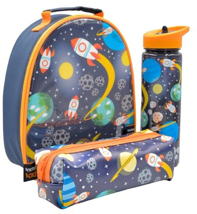 Kichna Kids Insulated Lunch Bag Water Bottle and Pencil Case Set Childrens Cooler Bag and Water Bottle with Flip Up Spout Straw - Space