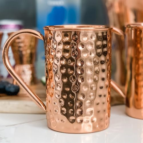 Tazas de cobre Moscow Mule hechas a mano de cobre macizo 100% puro, acabado martillado recto, interior de cobre crudo, mango remachado auténtico y fuerte, tazas de cobre premium, capacidad para 16