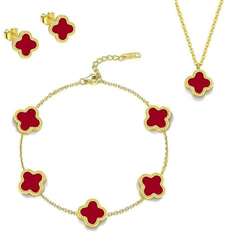 Simllyda 18K Vergoldet Vierblättriges Kleeblatt Halskette Ohrringe Armband, Vierblättriges Kleeblatt Schmuckset, Vierblättriges Glücksklee Schmuckset für Damen und Mädchen (Rot)
