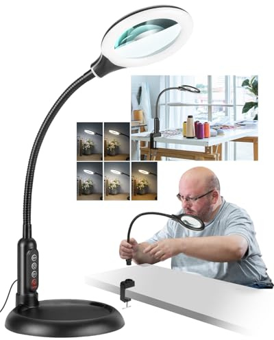 10X Magnifying Glass with Light and Stand, LED 5 Color Modes, Brightness Stepless Dimming Lighted Magnifier Hands Free with Flexible Goose-neck Desk Clamp Lamp for Close Works, Crafts, Hobby, Painting