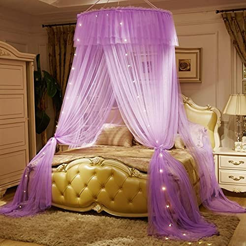 GLMGBP Betthimmel für Einzel- und Doppelbett, Moskitonetz mit Lichterketten, Prinzessinnen-Spitzenkuppel, Schlafzimmerdekoration, Bettzelt, universelles Moskitonetz, Lila