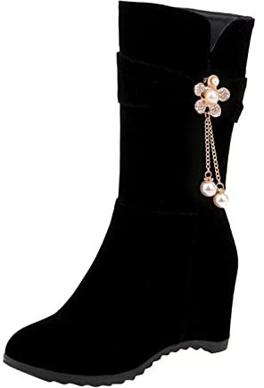Generico Stivali Donna Larghi Polpaccio Stivaletti Donna Stivali Medi robusti con Tacco a Zeppa con Cerniera Laterale Decorativa con di Perle in Solido Donna Scarpe Invernali Donna (Black, 41)