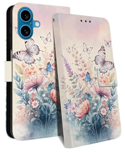 HopMore for iPhone 16 Case, PU Leather Flip Wallet Case with Card Slot Kickstand Magnetic Closure Shockproof Cover with Cute Pattern Animal Design for iPhone 16 Phone Case, Colorful Butterfly