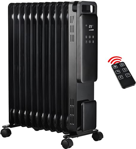 Nyxi 11-Fin Oil Filled 2500W Heater Radiator with Remote Control – 3 Power Settings, LED Display, 24-Hour Timer, Safety Overheat Protection, Portable with Castor & Cord Storage (Black, Model 3904)