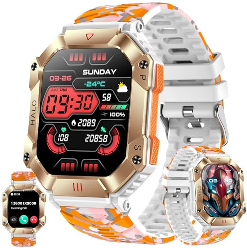 ZPIMY Montre Connectée Homme avec Appel Bluetooth, 2,0” AMOLED 5ATM Smartwatch Homme avec 100+ Modes Sportifs Tracker d'activité, Sommeil, SpO2, Smart Watch pour iOS Android (Camouflage Orange)