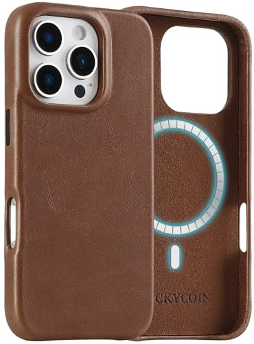 LUCKYCOIN Premium Genuine Leather Case for iPhone 16 Pro, Compatible with MagSafe, Slim Fit Shockproof Phone Case with Metal Buttons, Anti-Slip, Wireless Charging Compatible, Dark Brown