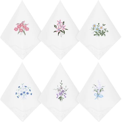 Apausvcm 6 Stück Stofftaschentücher Damen,Florales Spitzen-Taschentuch,Vintage-Blumen-Taschentuch,Bestickte Taschentücher,Weiße Taschentücher Baumwolle,für Braut Bräutigam Hochzeitstag Geschenk