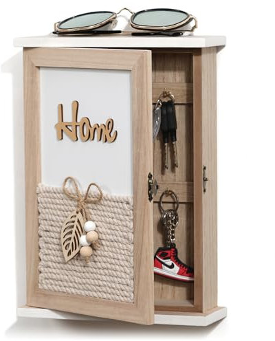 Optyuwah Armoire à clés en bois avec feuilles, perles en bois et cordon en coton - 6 crochets à clés - Organiseur mural pour entrée, couloir, bureau - L - Blanc