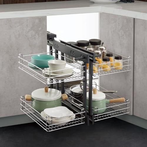 SJDUYD Magic Corner Organizer,2 Ebenen Ausziehbarer Küchenschrank Organizer mit 4 Aufbewahrungskörbe,robuster Küchen-Eckschrank-Organizer 900