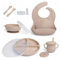 Vajilla Bebé Silicona Arena Set de 6 Piezas con Plato Compartimentado y Cuenco con Tapas Vaso Antigoteo Babero Cubiertos y Cepillo Dientes Sin BPA Ideal para BLW