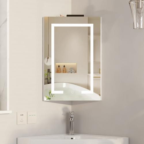 Mepplzian Corner Bathroom Cabinets with Mirror,Battery Operated Led Bathroom Mirror Cabinets with Lights,3-Color Illuminated Corner Mirrored Cabinet Wall Mounted,Space Saving,40x60