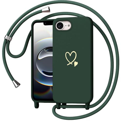 Yichxu Handyband für iPhone 16e/17e Hülle mit Band, Herz Design Necklace Handyhülle zum Umhängen Kordel, Stoßfest Schutzhülle mit Kette, Weich TPU Liquid Silikon Case für iPhone 16e/17e, Grün